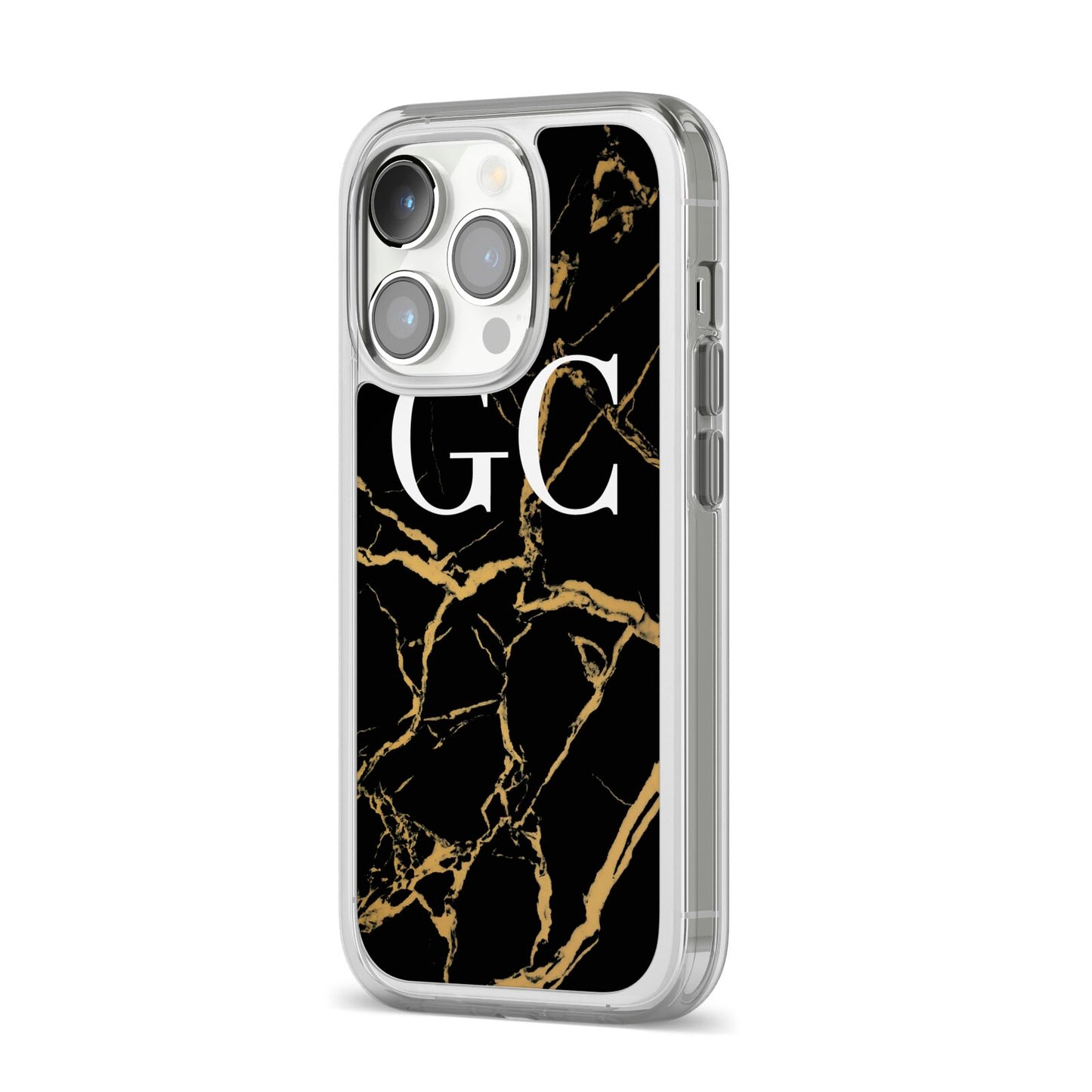 Personalised Gold Black Marble Monogram iPhone 14 Pro Clear Tough Case Silver Angled Image