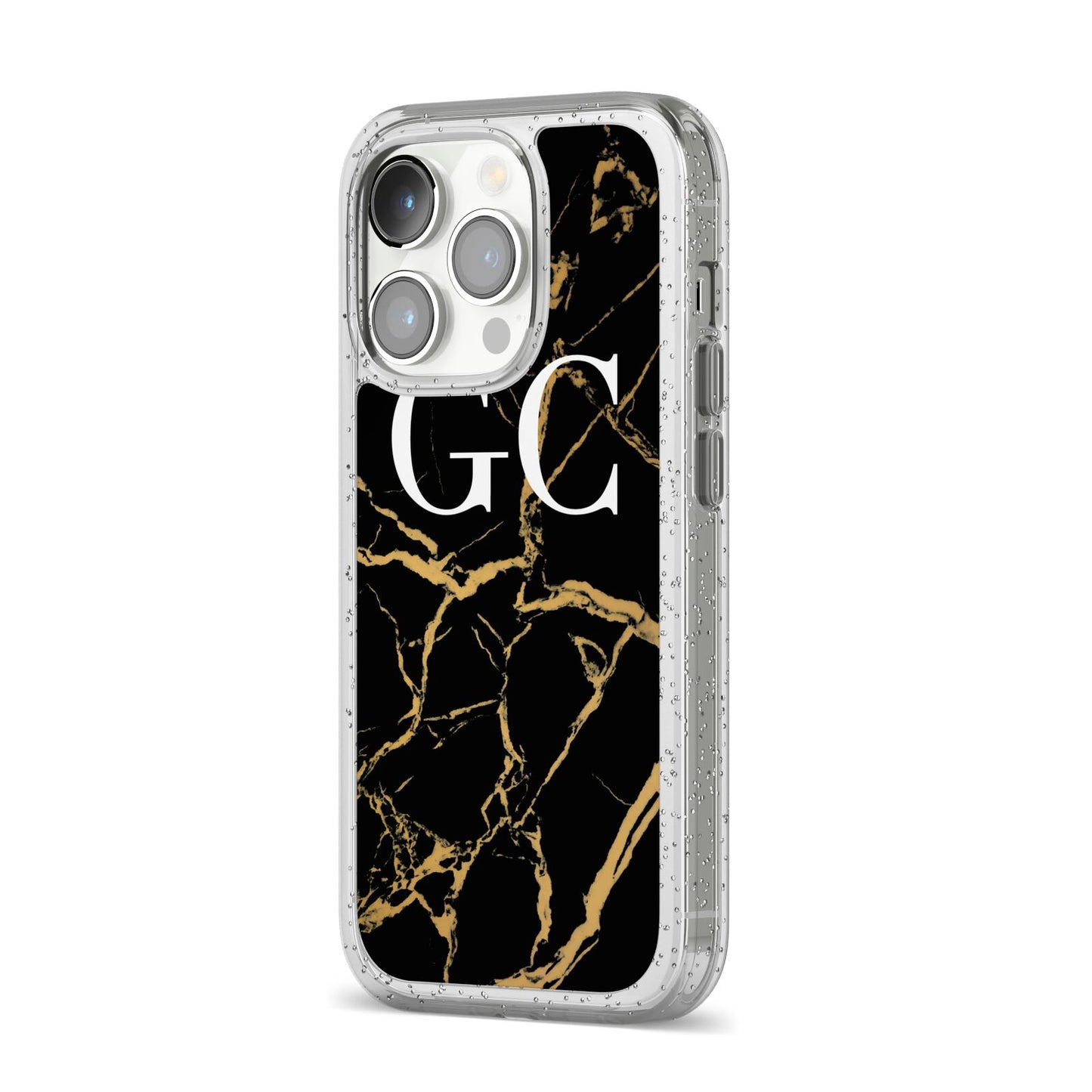 Personalised Gold Black Marble Monogram iPhone 14 Pro Glitter Tough Case Silver Angled Image
