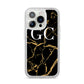 Personalised Gold Black Marble Monogram iPhone 14 Pro Glitter Tough Case Silver