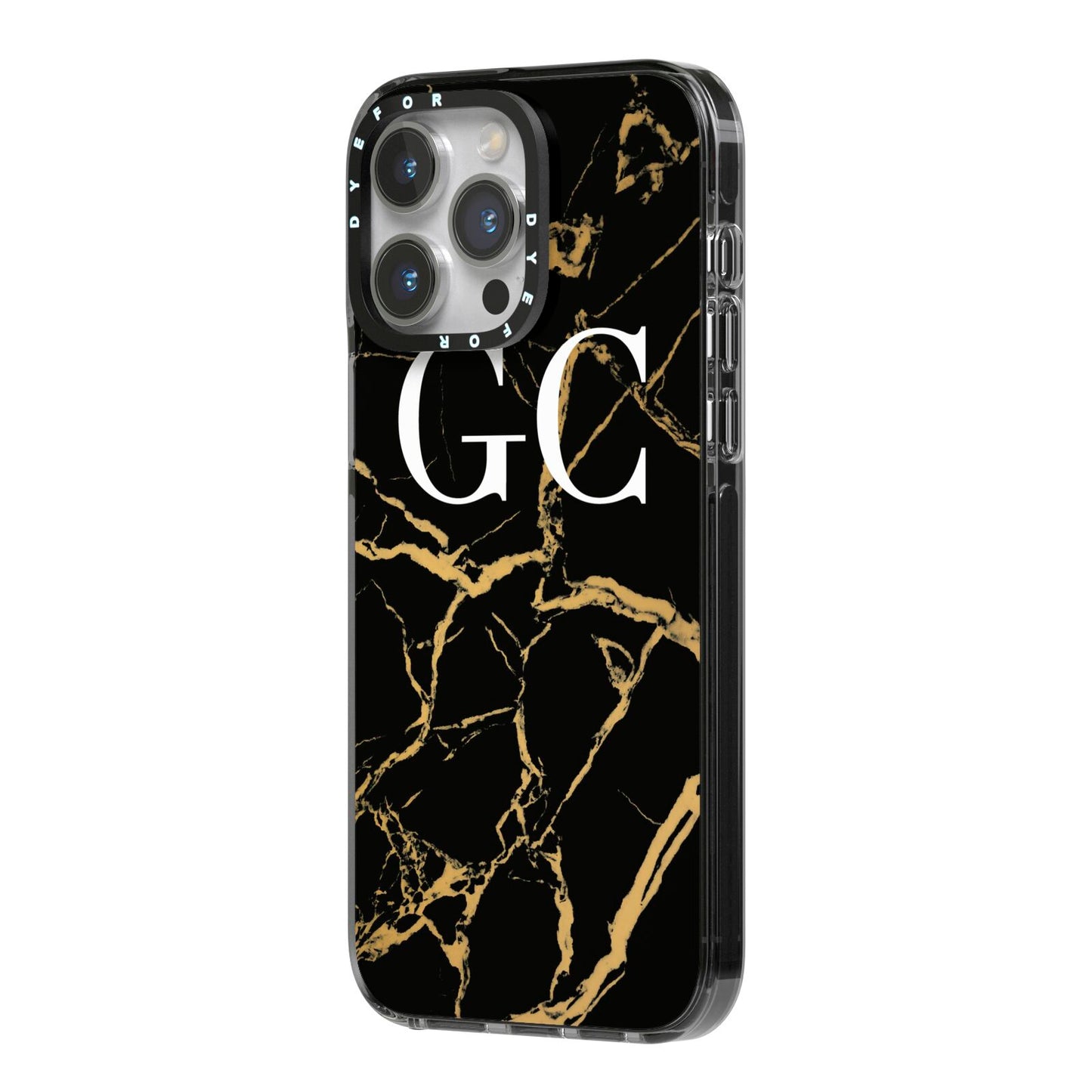 Personalised Gold Black Marble Monogram iPhone 14 Pro Max Black Impact Case Side Angle on Silver phone
