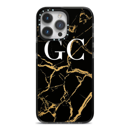 Personalised Gold Black Marble Monogram iPhone 14 Pro Max Black Impact Case on Silver phone