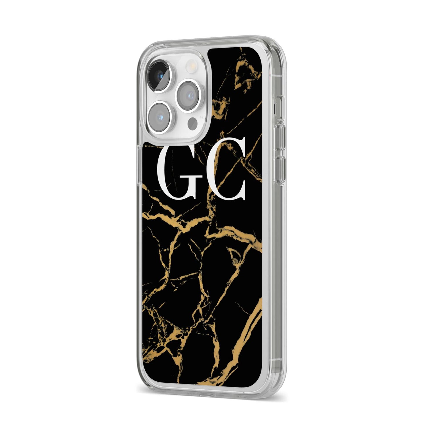 Personalised Gold Black Marble Monogram iPhone 14 Pro Max Clear Tough Case Silver Angled Image
