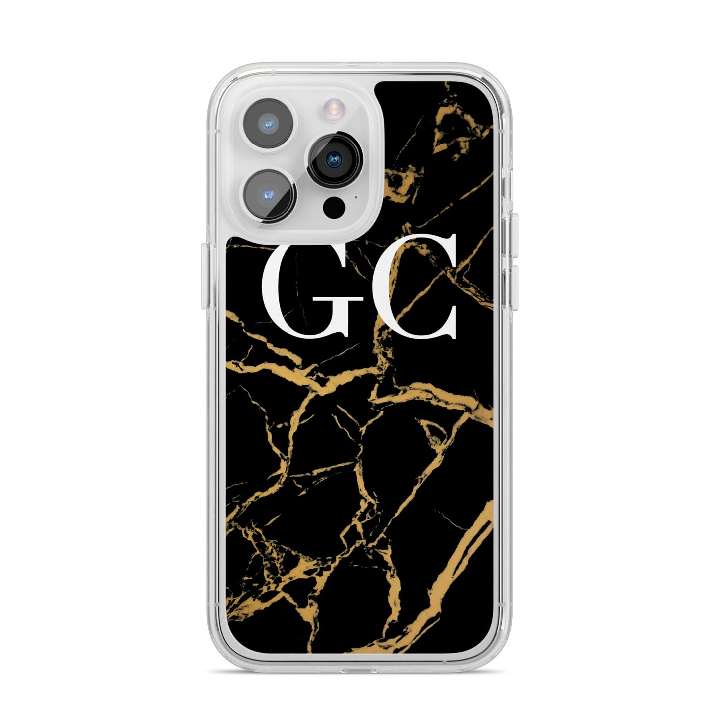 Personalised Gold Black Marble Monogram iPhone 14 Pro Max Clear Tough Case Silver