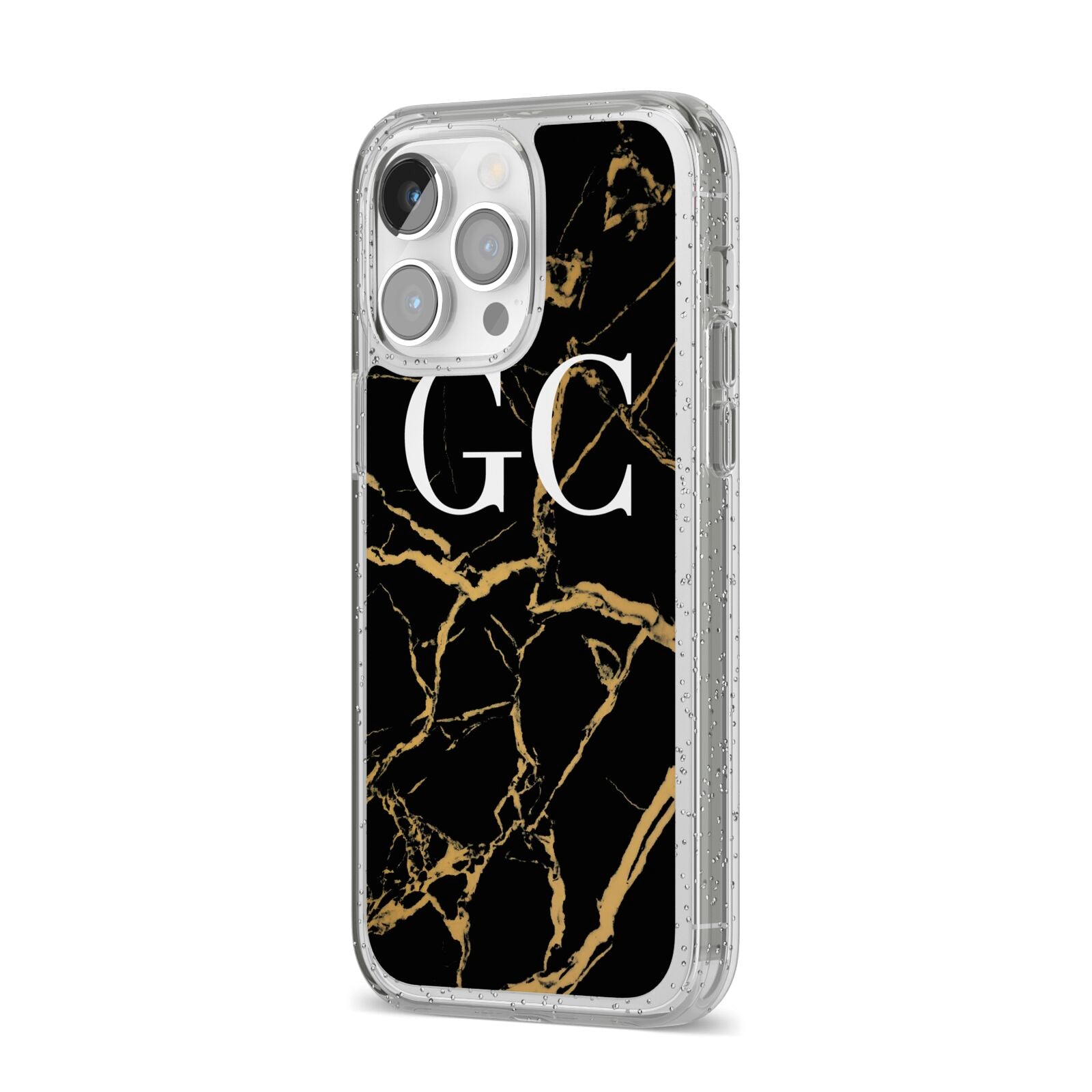 Personalised Gold Black Marble Monogram iPhone 14 Pro Max Glitter Tough Case Silver Angled Image
