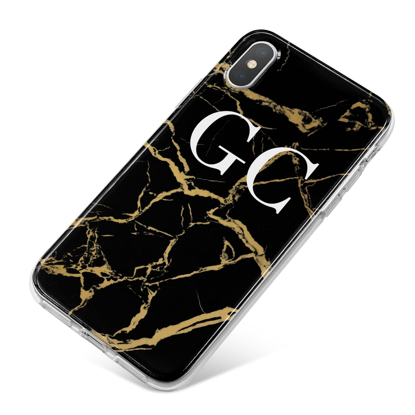 Personalised Gold Black Marble Monogram iPhone X Bumper Case on Silver iPhone