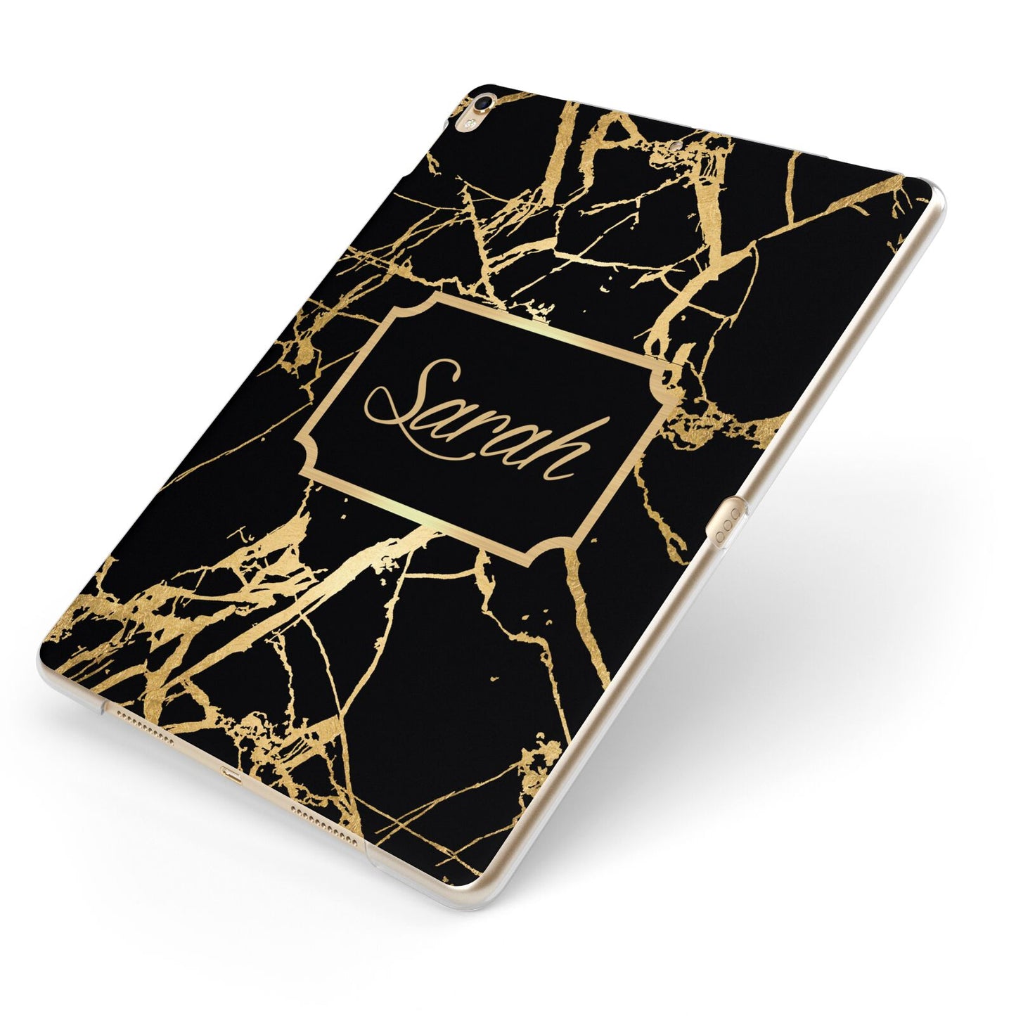 Personalised Gold Black Marble Name Apple iPad Case on Gold iPad Side View