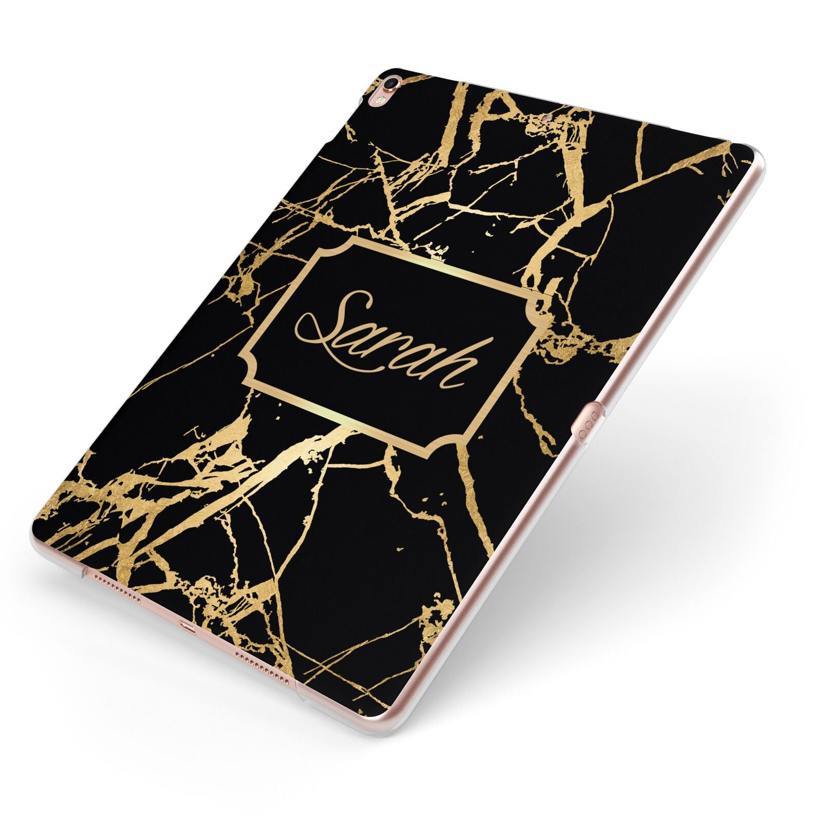 Personalised Gold Black Marble Name Apple iPad Case on Rose Gold iPad Side View