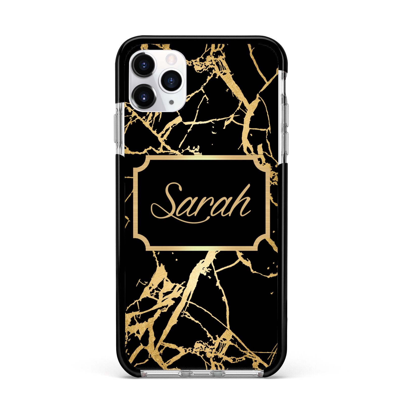 Personalised Gold Black Marble Name Apple iPhone 11 Pro Max in Silver with Black Impact Case