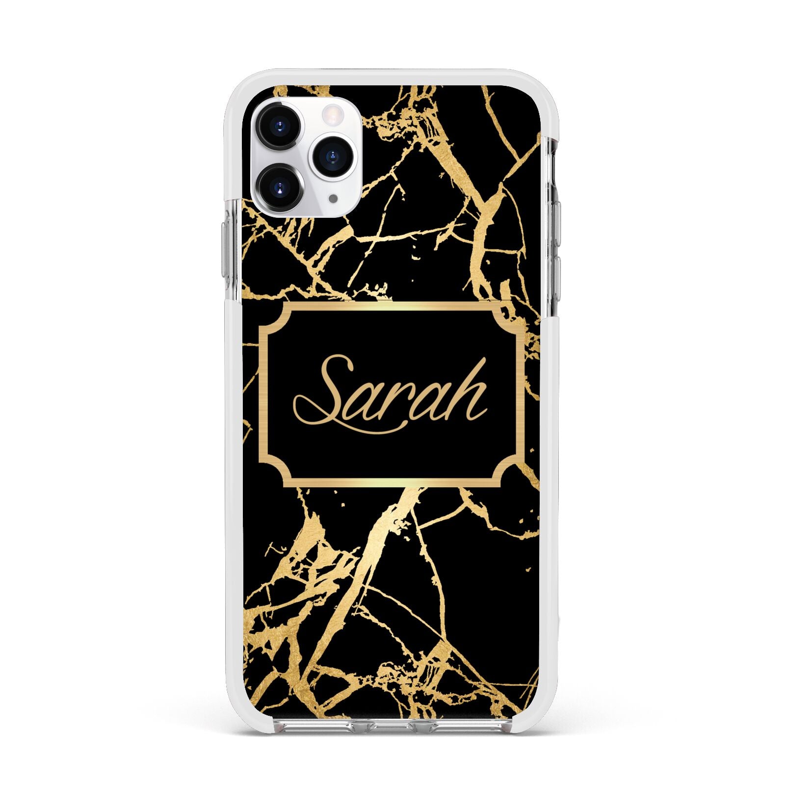 Personalised Gold Black Marble Name Apple iPhone 11 Pro Max in Silver with White Impact Case