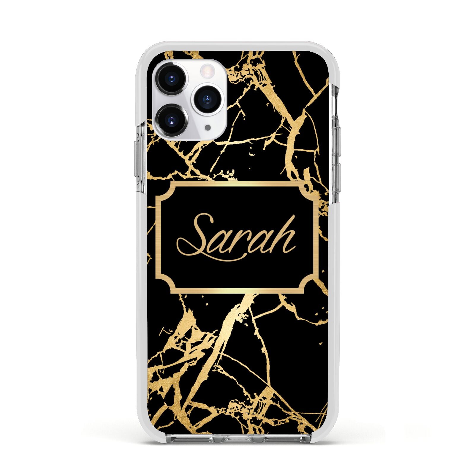 Personalised Gold Black Marble Name Apple iPhone 11 Pro in Silver with White Impact Case
