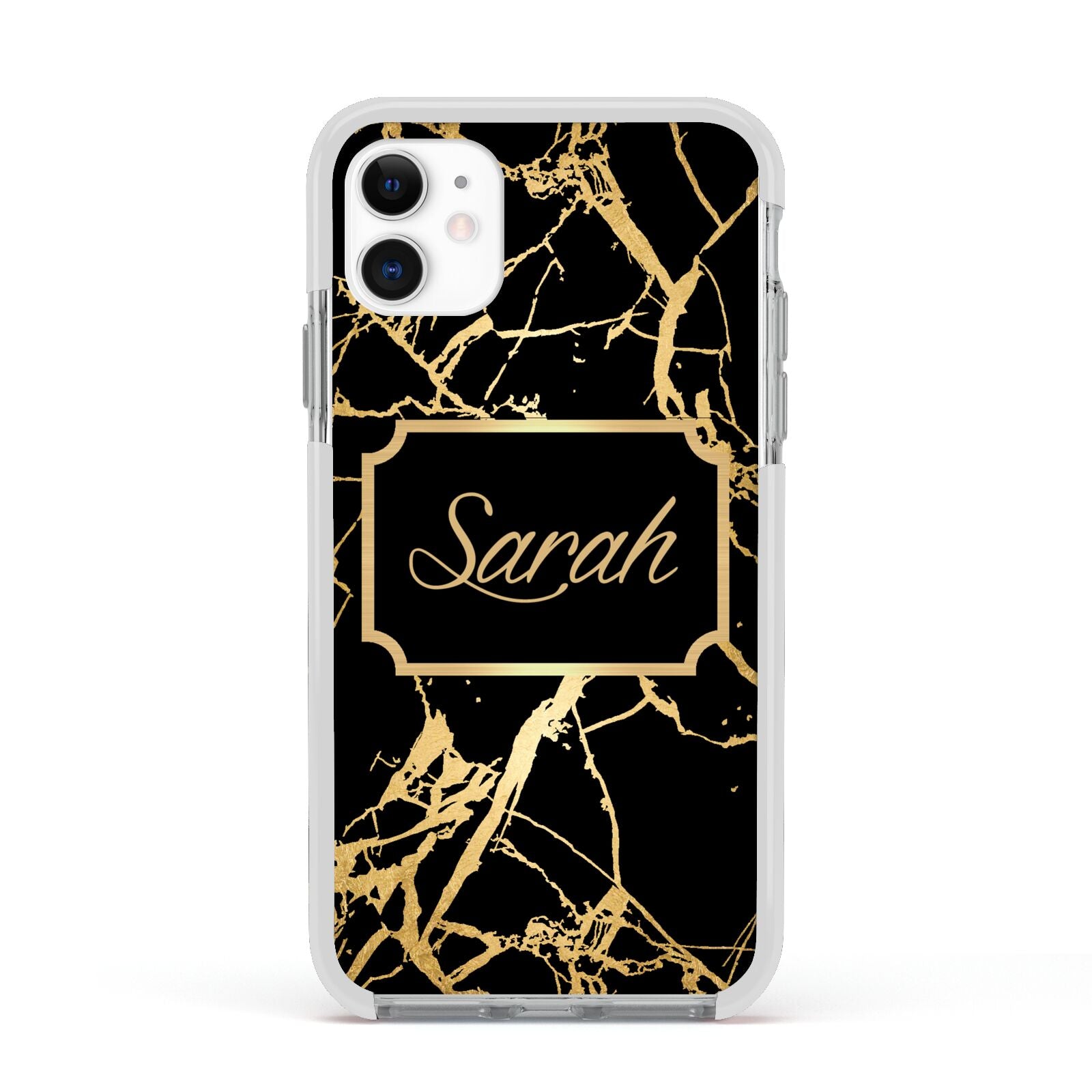 Personalised Gold Black Marble Name Apple iPhone 11 in White with White Impact Case