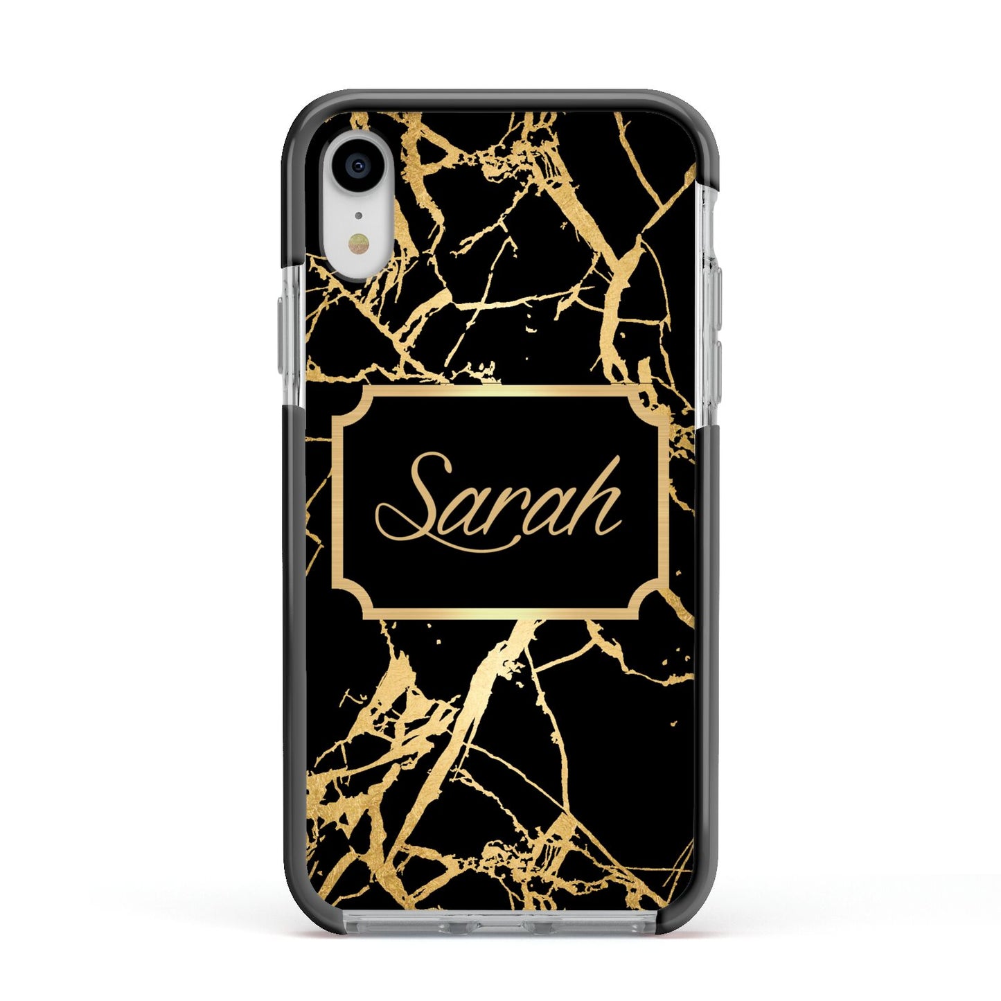 Personalised Gold Black Marble Name Apple iPhone XR Impact Case Black Edge on Silver Phone