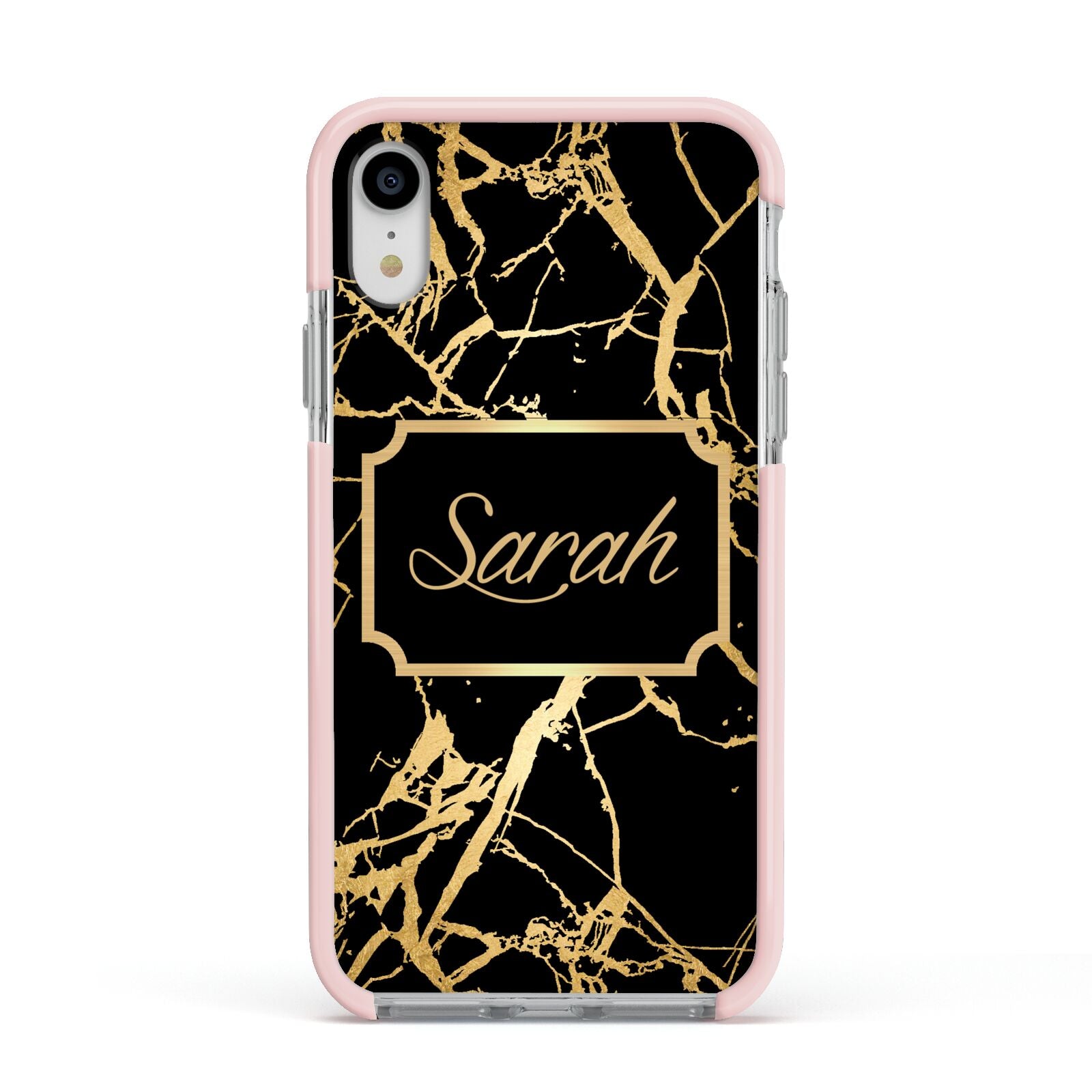 Personalised Gold Black Marble Name Apple iPhone XR Impact Case Pink Edge on Silver Phone