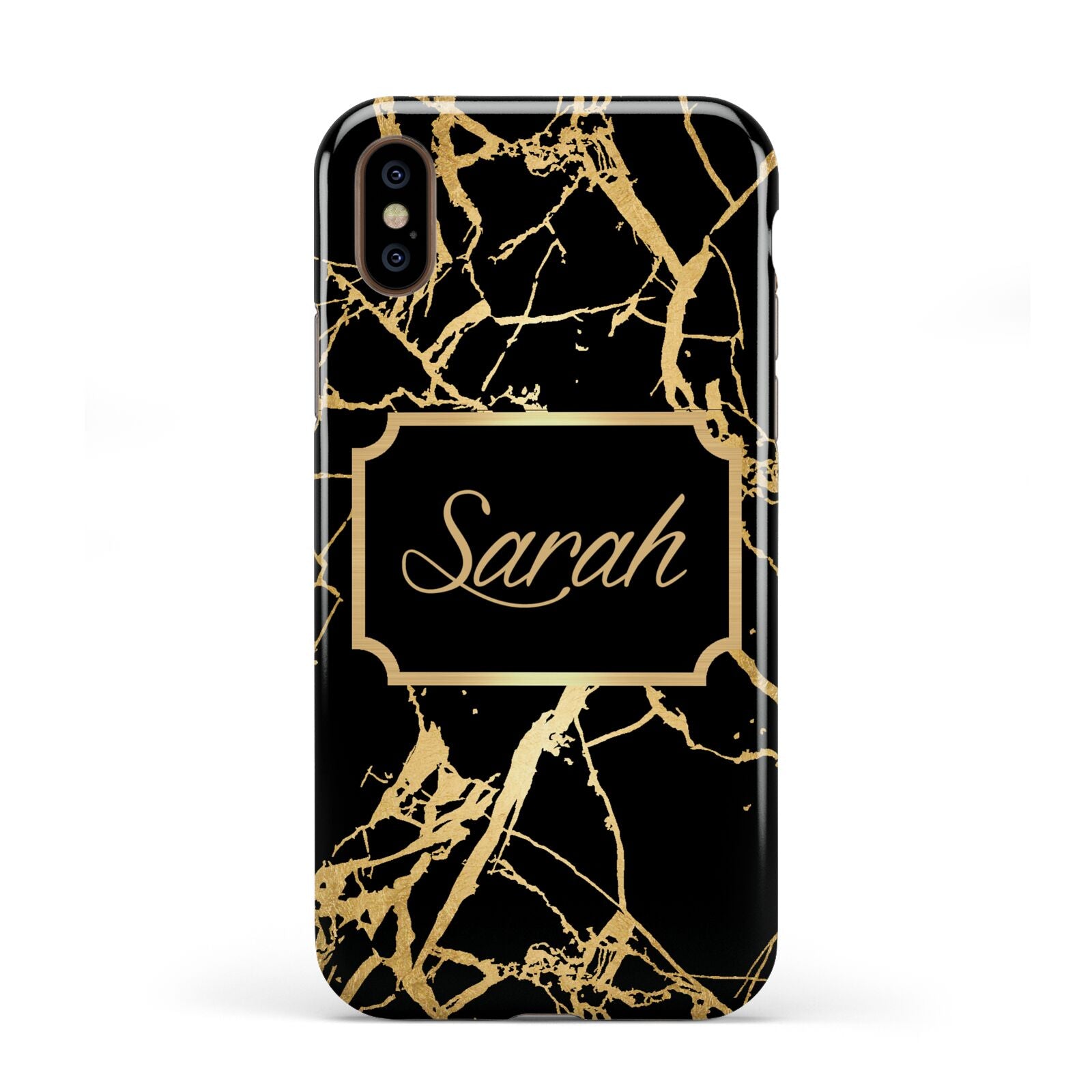 Personalised Gold Black Marble Name Apple iPhone XS 3D Tough