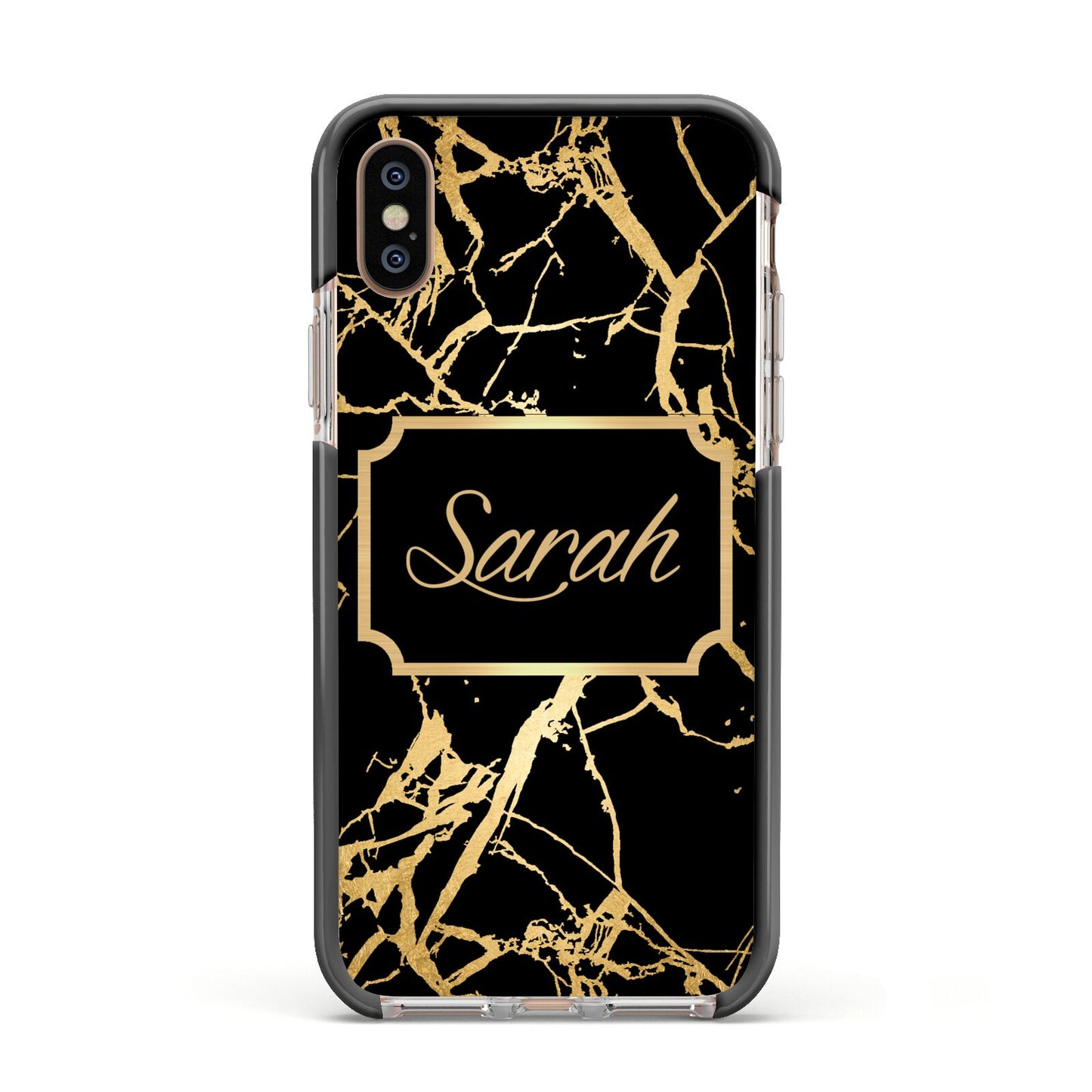Personalised Gold Black Marble Name Apple iPhone Xs Impact Case Black Edge on Gold Phone