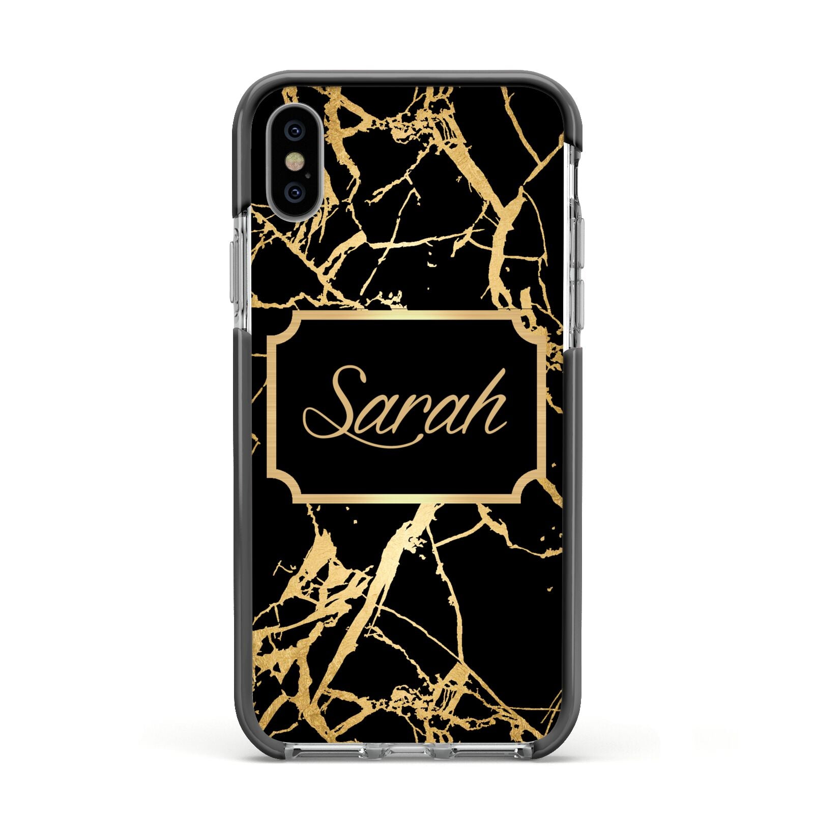 Personalised Gold Black Marble Name Apple iPhone Xs Impact Case Black Edge on Silver Phone