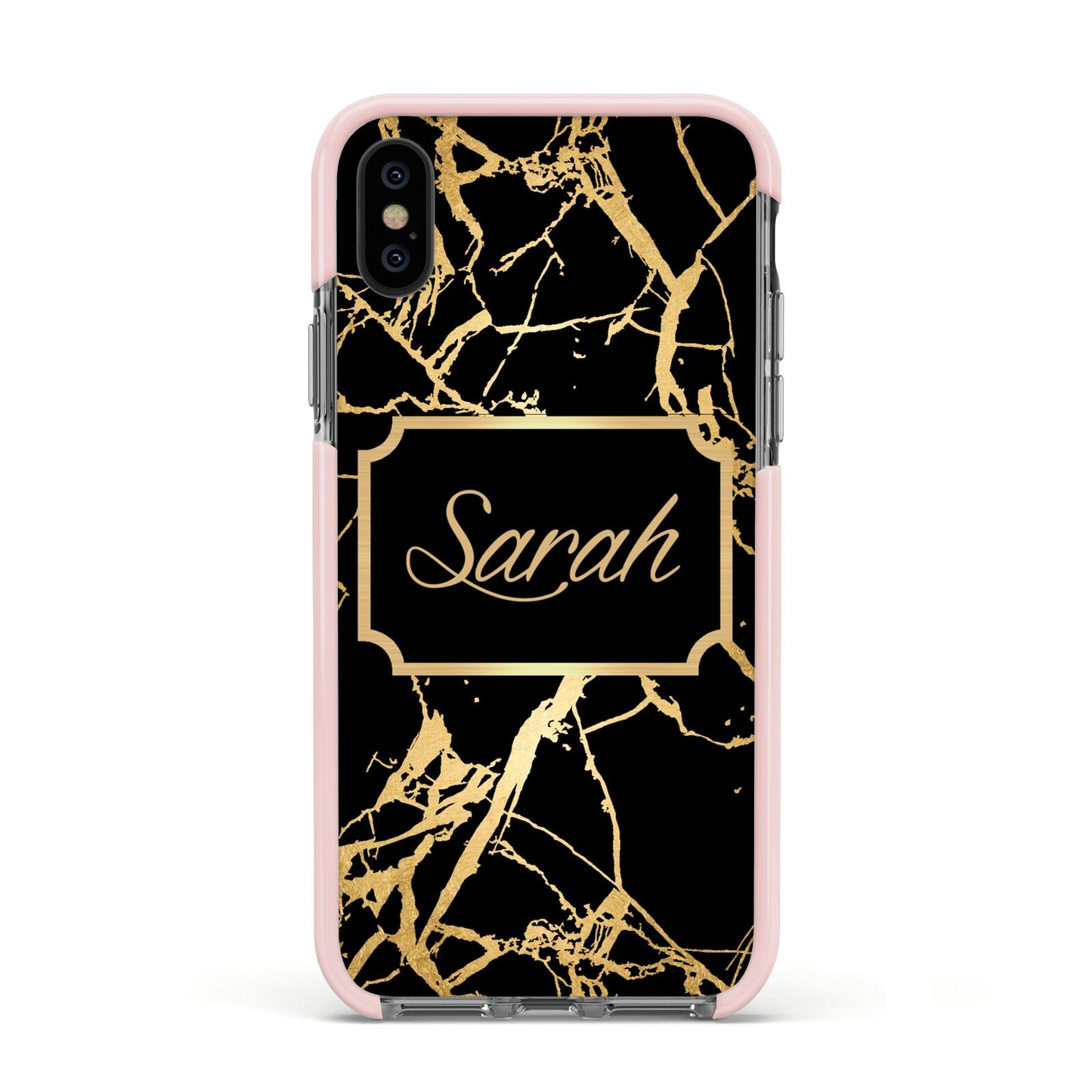 Personalised Gold Black Marble Name Apple iPhone Xs Impact Case Pink Edge on Black Phone