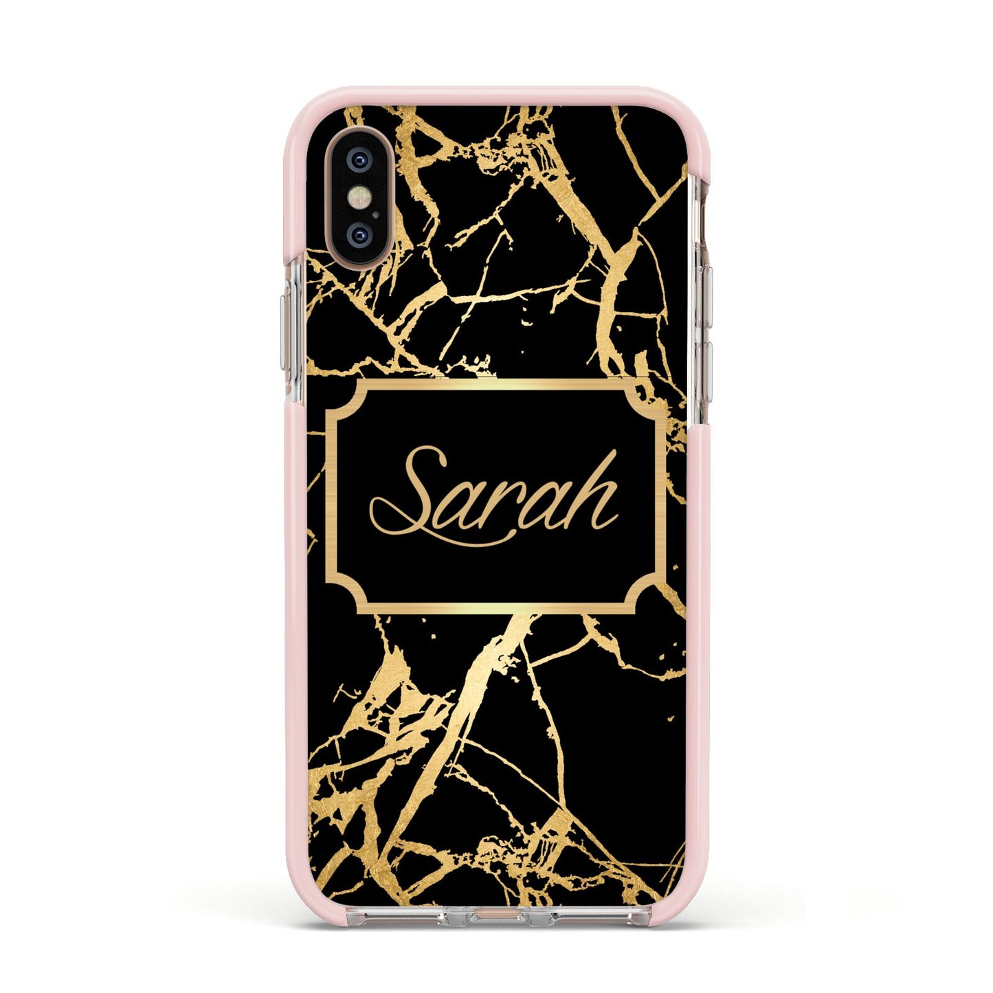 Personalised Gold Black Marble Name Apple iPhone Xs Impact Case Pink Edge on Gold Phone