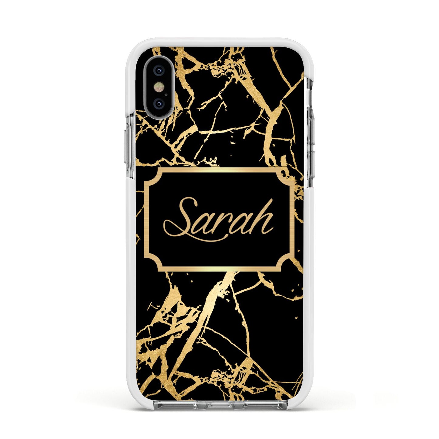 Personalised Gold Black Marble Name Apple iPhone Xs Impact Case White Edge on Silver Phone