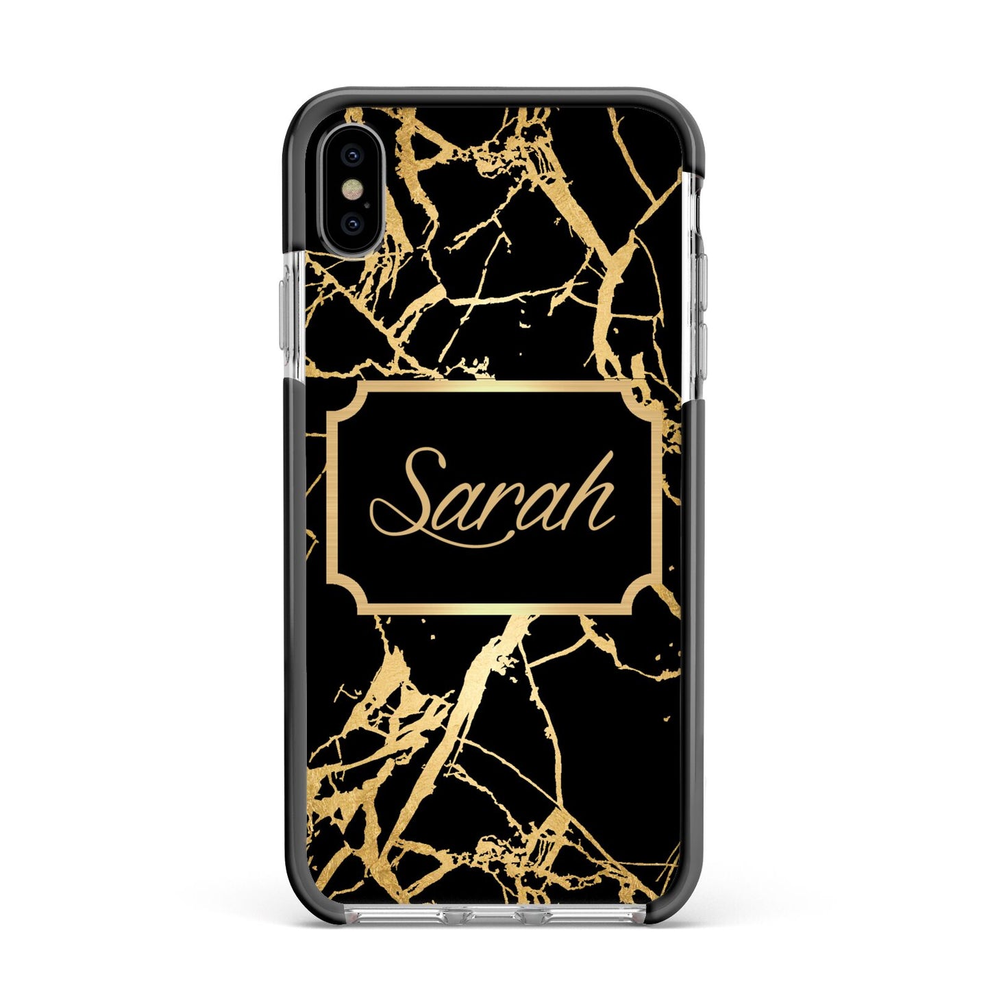 Personalised Gold Black Marble Name Apple iPhone Xs Max Impact Case Black Edge on Silver Phone