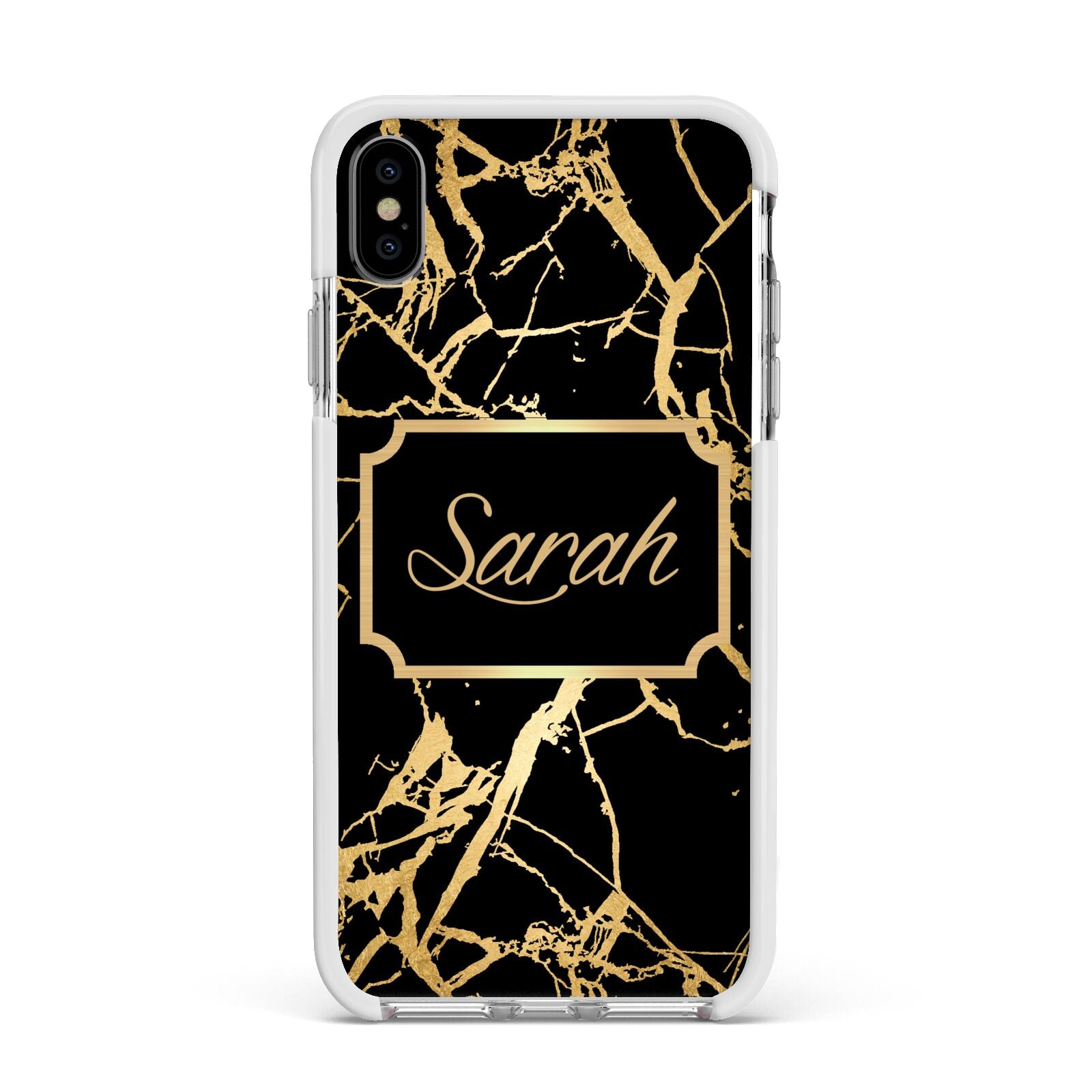 Personalised Gold Black Marble Name Apple iPhone Xs Max Impact Case White Edge on Silver Phone