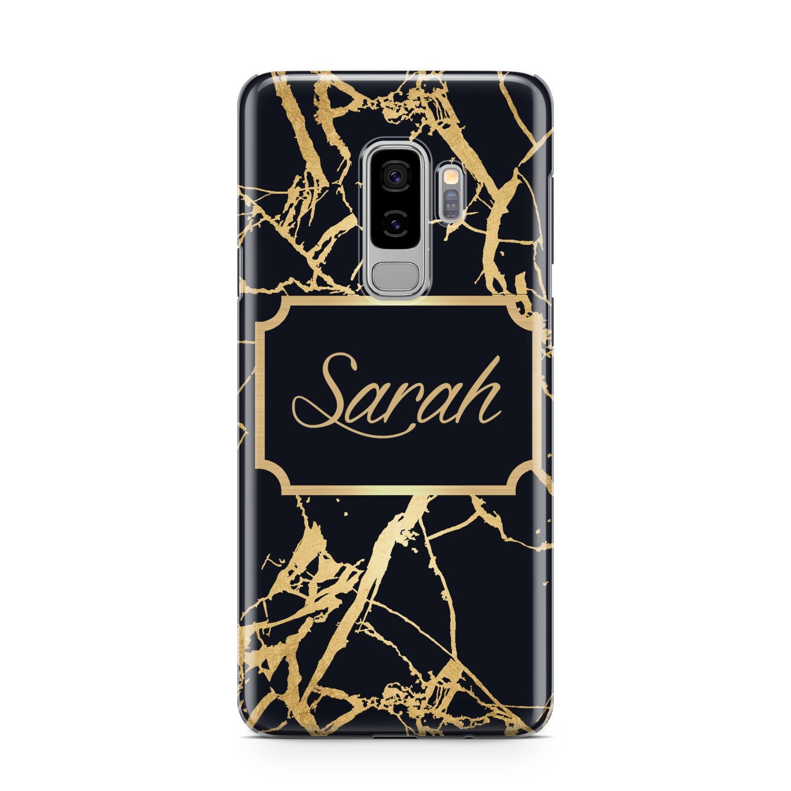 Personalised Gold Black Marble Name Samsung Galaxy S9 Plus Case on Silver phone