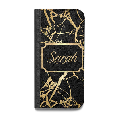 Personalised Gold Black Marble Name Vegan Leather Flip iPhone Case