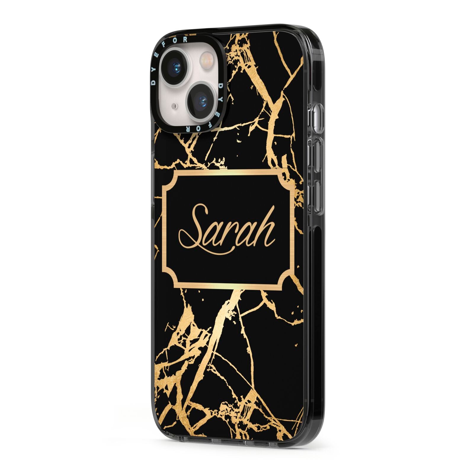 Personalised Gold Black Marble Name iPhone 13 Black Impact Case Side Angle on Silver phone