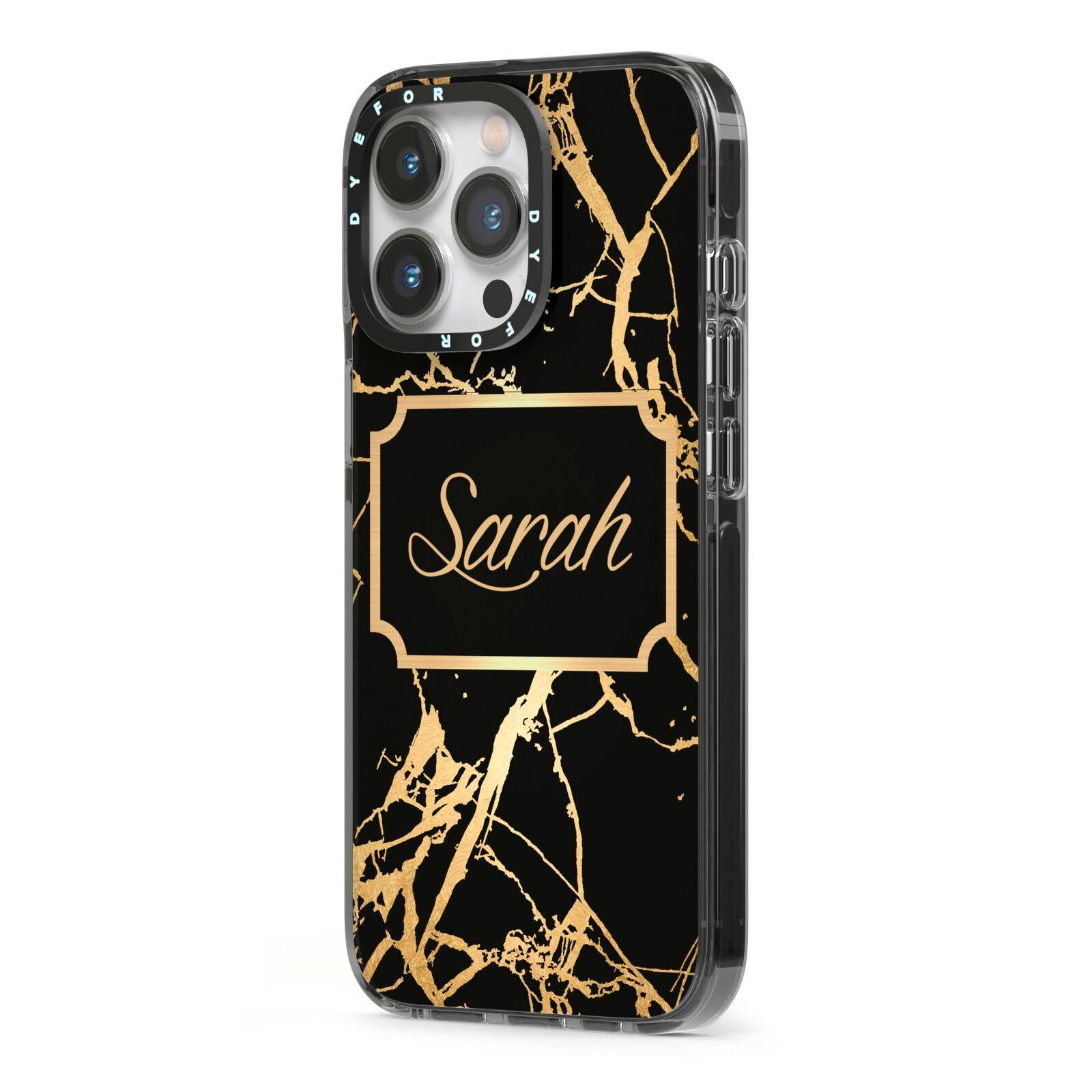 Personalised Gold Black Marble Name iPhone 13 Pro Black Impact Case Side Angle on Silver phone