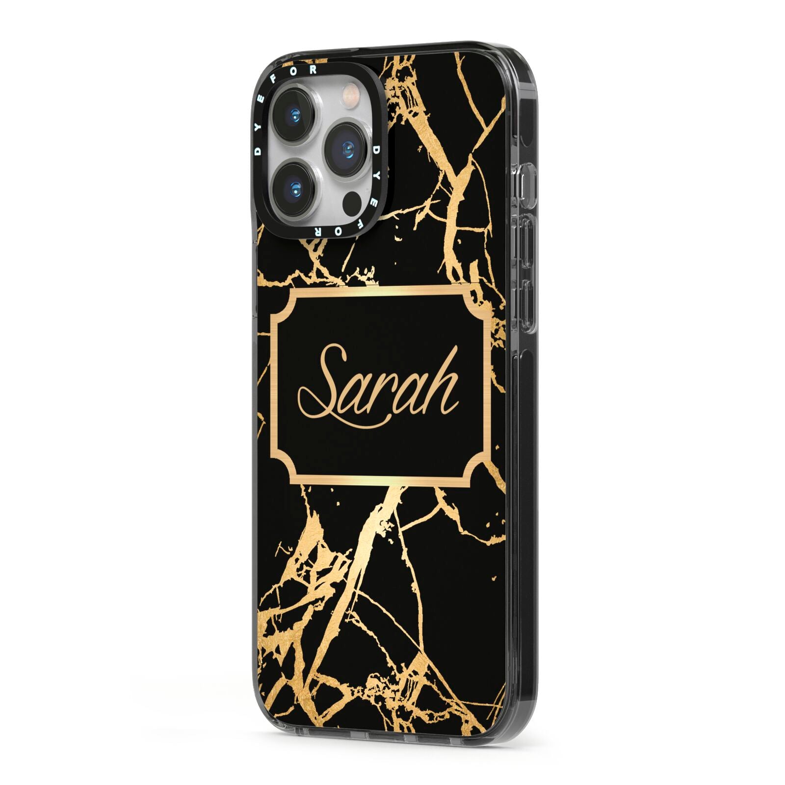 Personalised Gold Black Marble Name iPhone 13 Pro Max Black Impact Case Side Angle on Silver phone