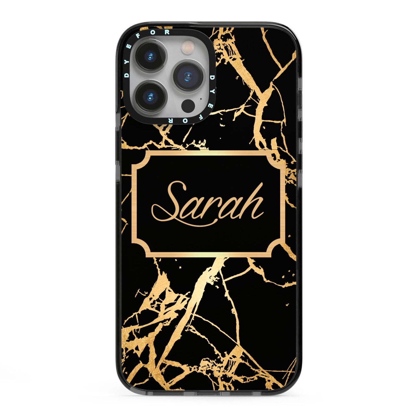 Personalised Gold Black Marble Name iPhone 13 Pro Max Black Impact Case on Silver phone