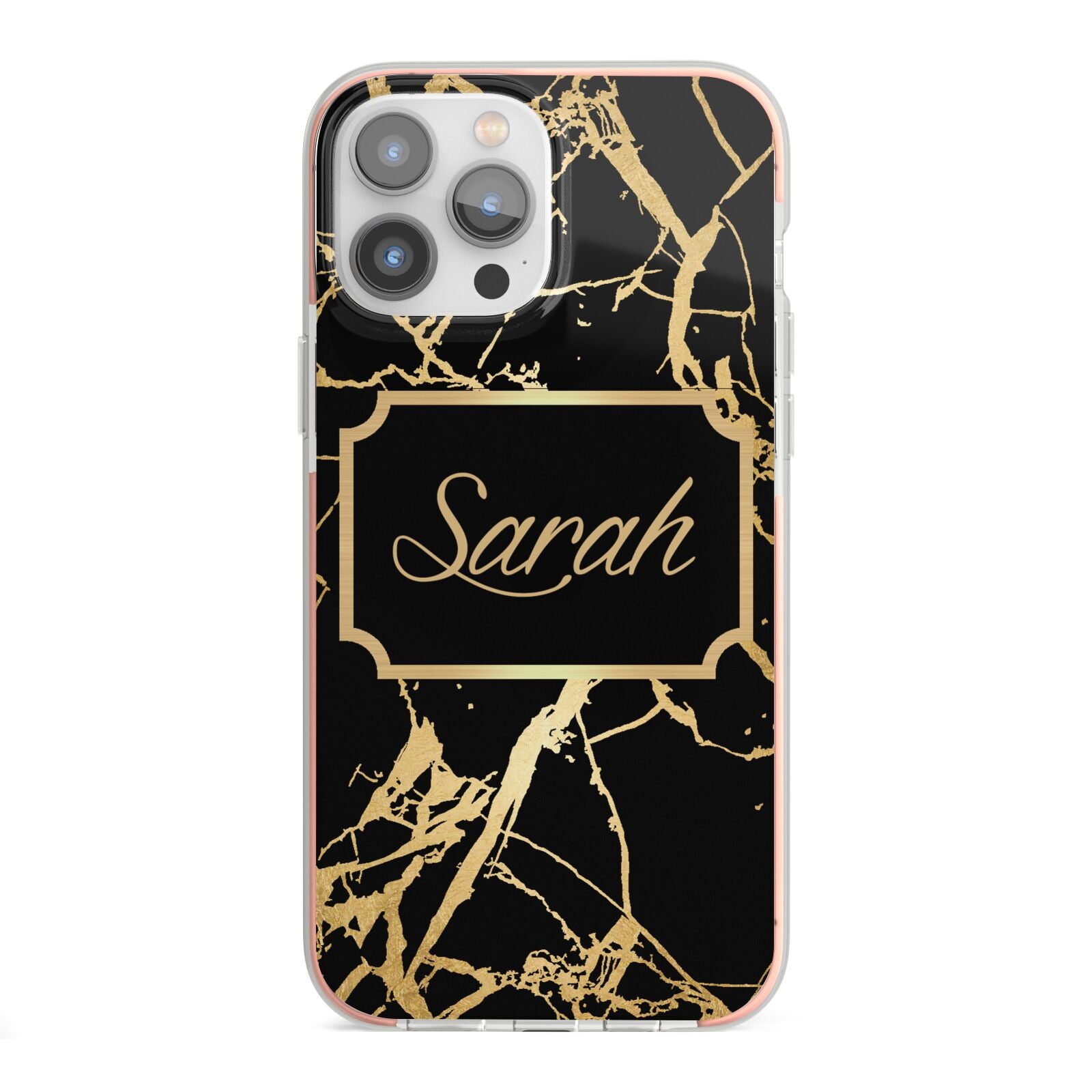 Personalised Gold Black Marble Name iPhone 13 Pro Max TPU Impact Case with Pink Edges