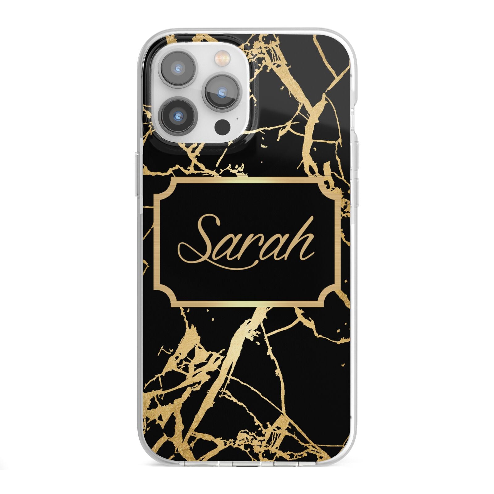 Personalised Gold Black Marble Name iPhone 13 Pro Max TPU Impact Case with White Edges