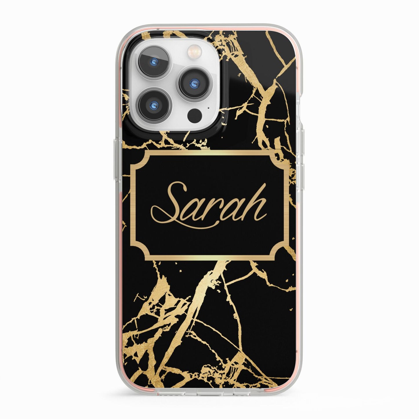 Personalised Gold Black Marble Name iPhone 13 Pro TPU Impact Case with Pink Edges