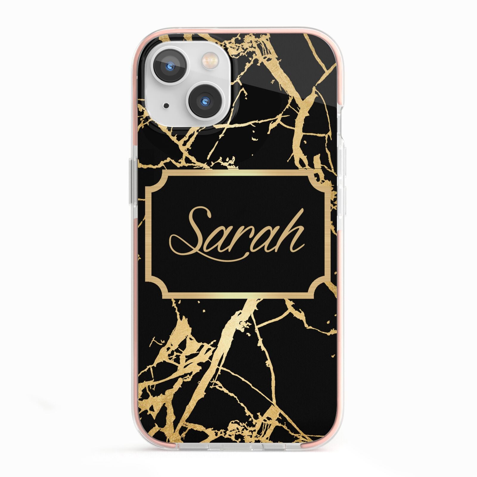 Personalised Gold Black Marble Name iPhone 13 TPU Impact Case with Pink Edges