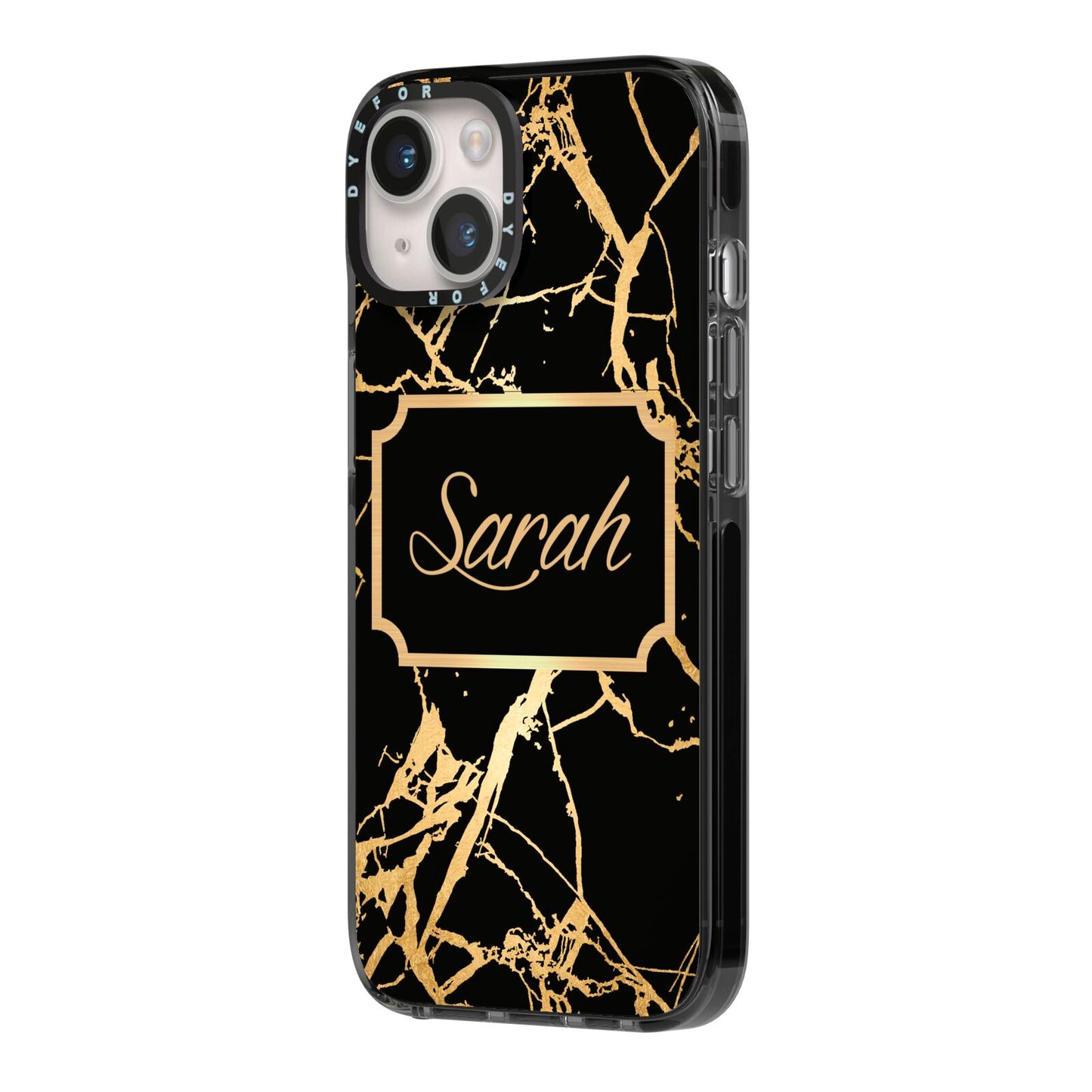 Personalised Gold Black Marble Name iPhone 14 Black Impact Case Side Angle on Silver phone