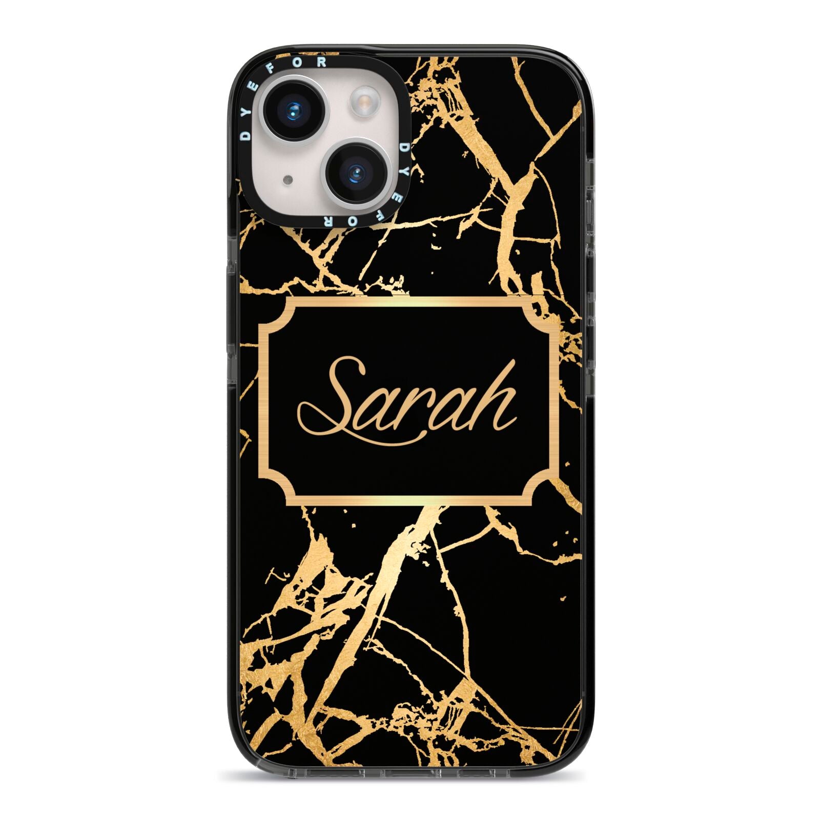 Personalised Gold Black Marble Name iPhone 14 Black Impact Case on Silver phone
