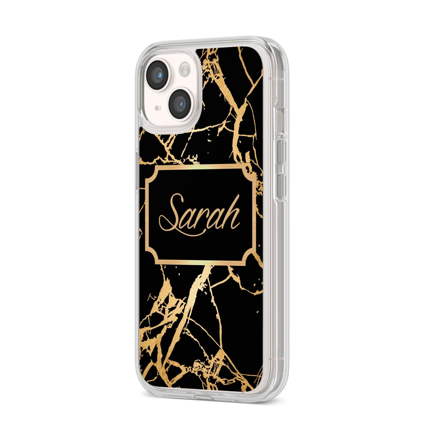 Personalised Gold Black Marble Name iPhone 14 Clear Tough Case Starlight Angled Image