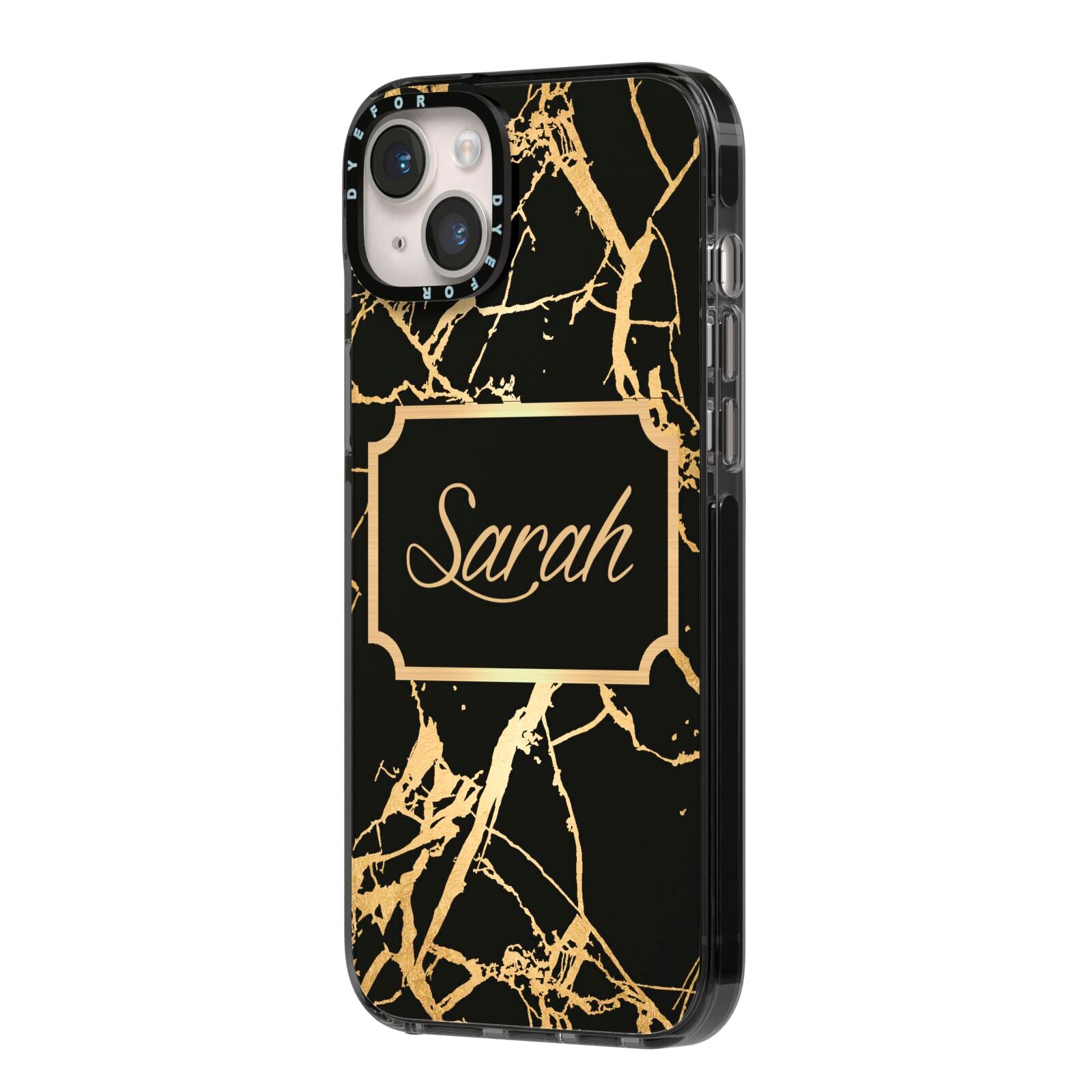 Personalised Gold Black Marble Name iPhone 14 Plus Black Impact Case Side Angle on Silver phone