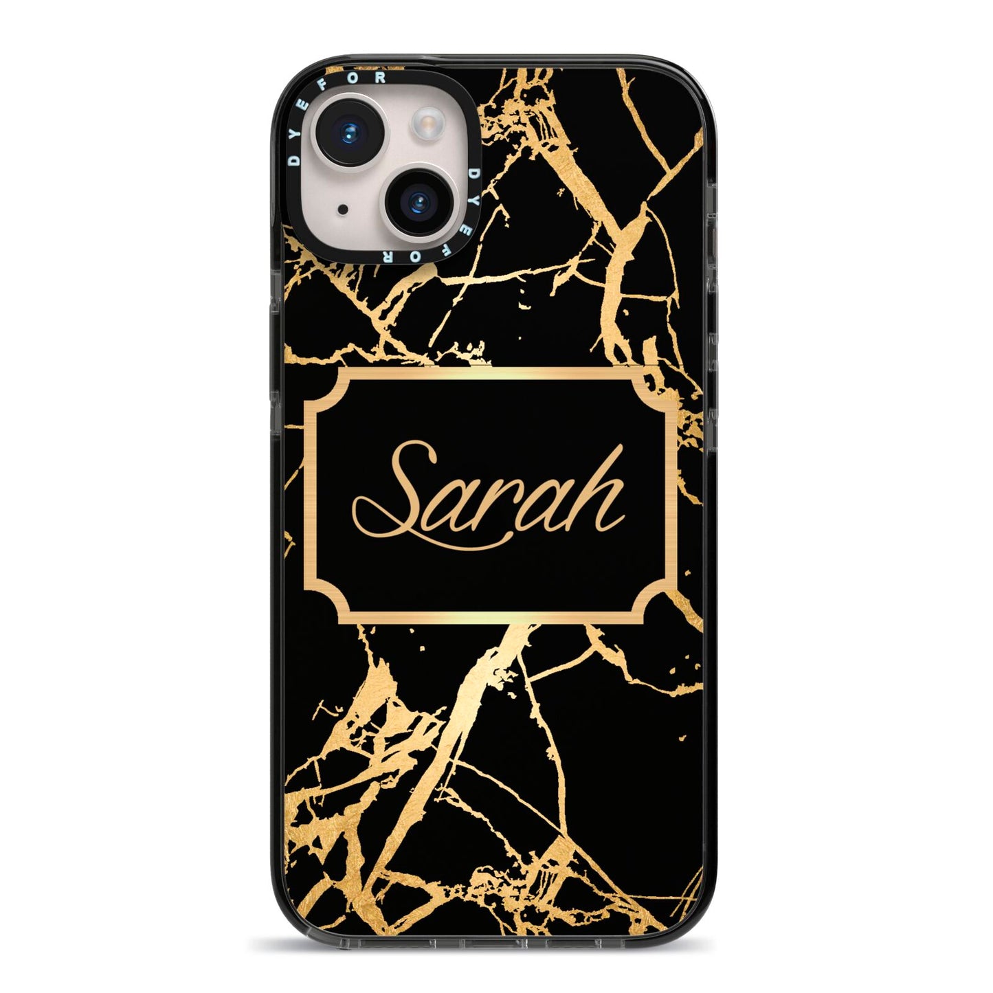 Personalised Gold Black Marble Name iPhone 14 Plus Black Impact Case on Silver phone
