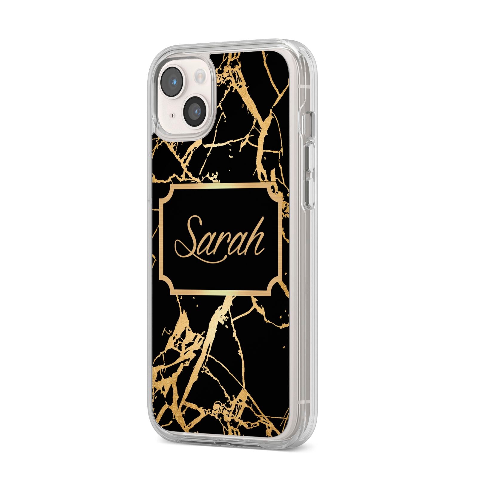 Personalised Gold Black Marble Name iPhone 14 Plus Clear Tough Case Starlight Angled Image
