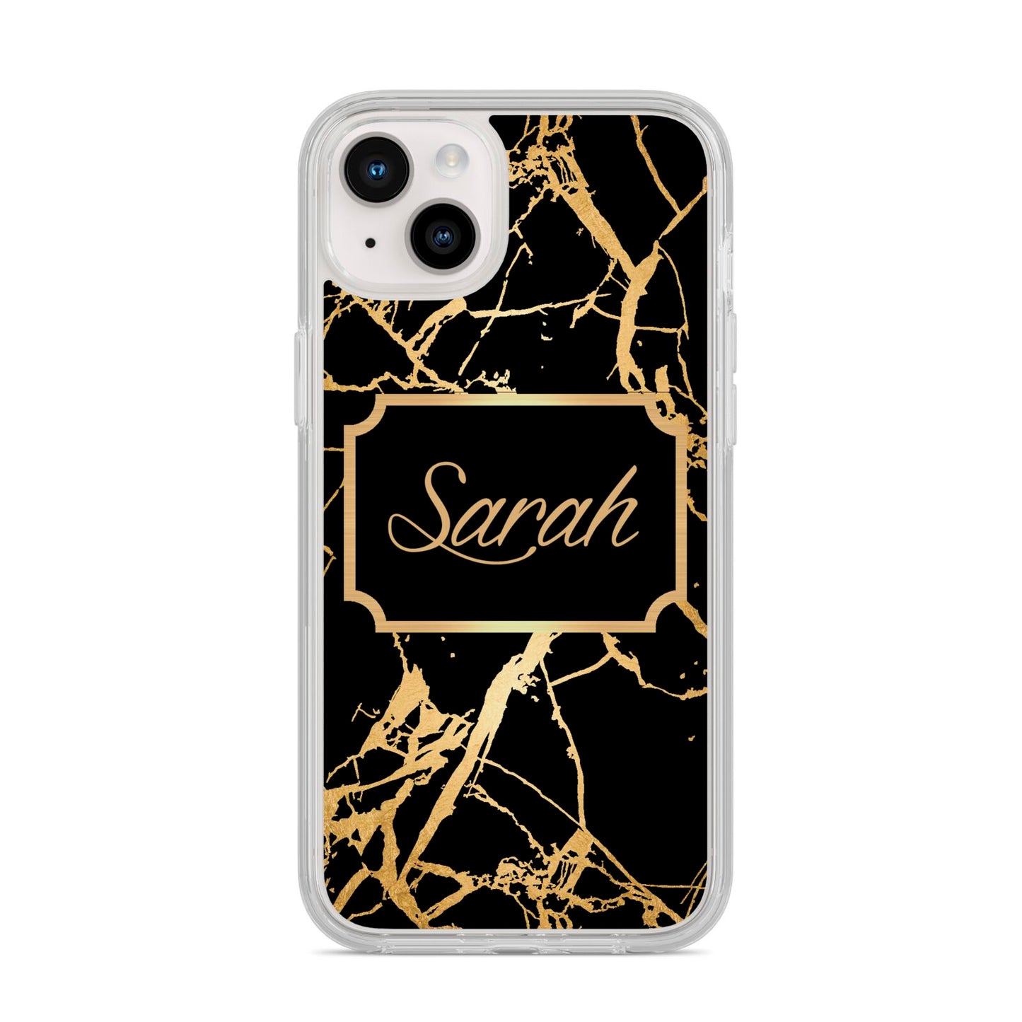 Personalised Gold Black Marble Name iPhone 14 Plus Clear Tough Case Starlight