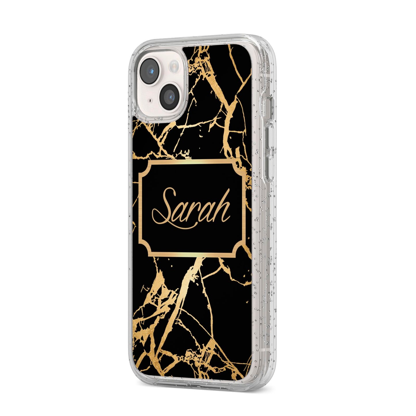 Personalised Gold Black Marble Name iPhone 14 Plus Glitter Tough Case Starlight Angled Image