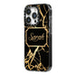 Personalised Gold Black Marble Name iPhone 14 Pro Black Impact Case Side Angle on Silver phone