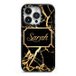 Personalised Gold Black Marble Name iPhone 14 Pro Black Impact Case on Silver phone