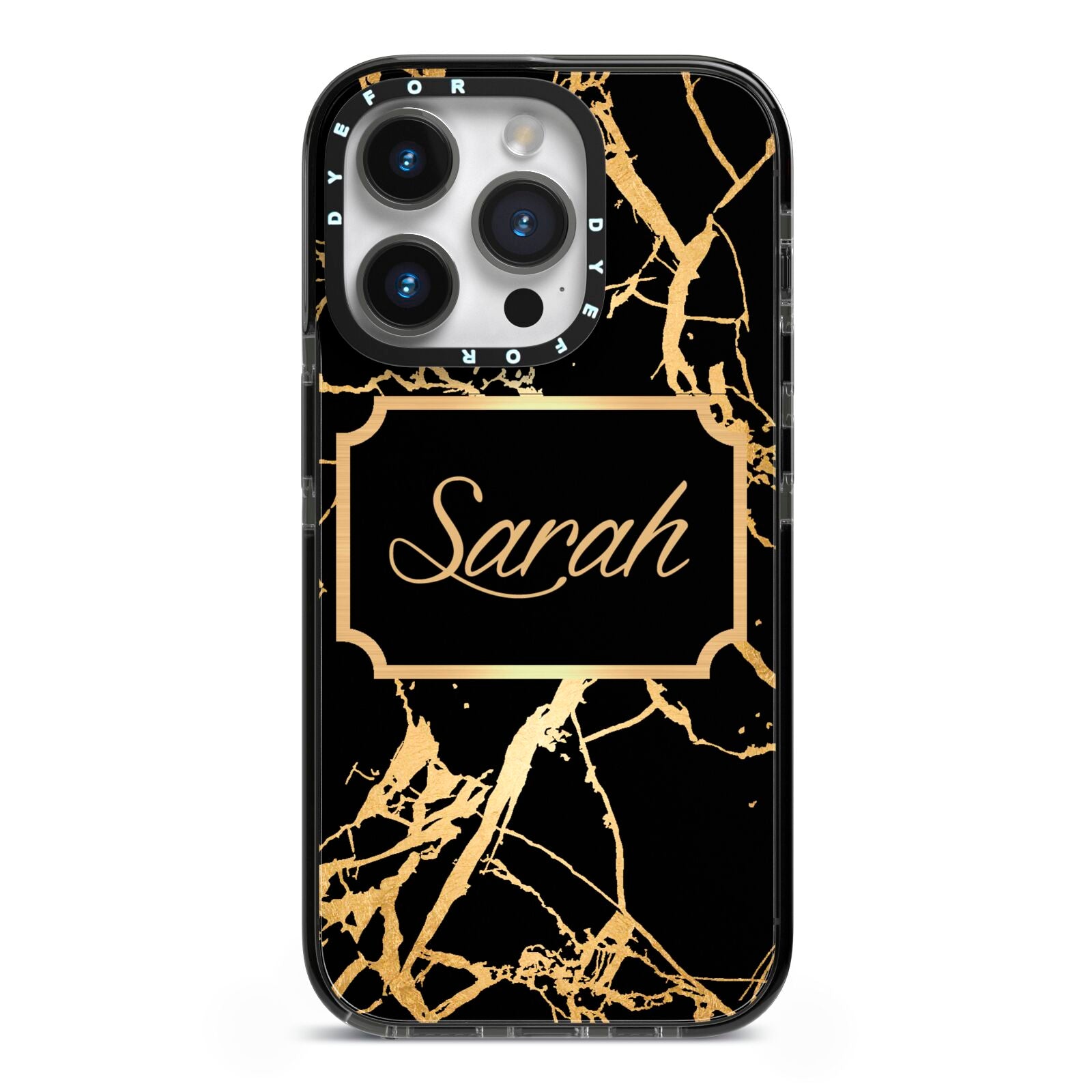 Personalised Gold Black Marble Name iPhone 14 Pro Black Impact Case on Silver phone