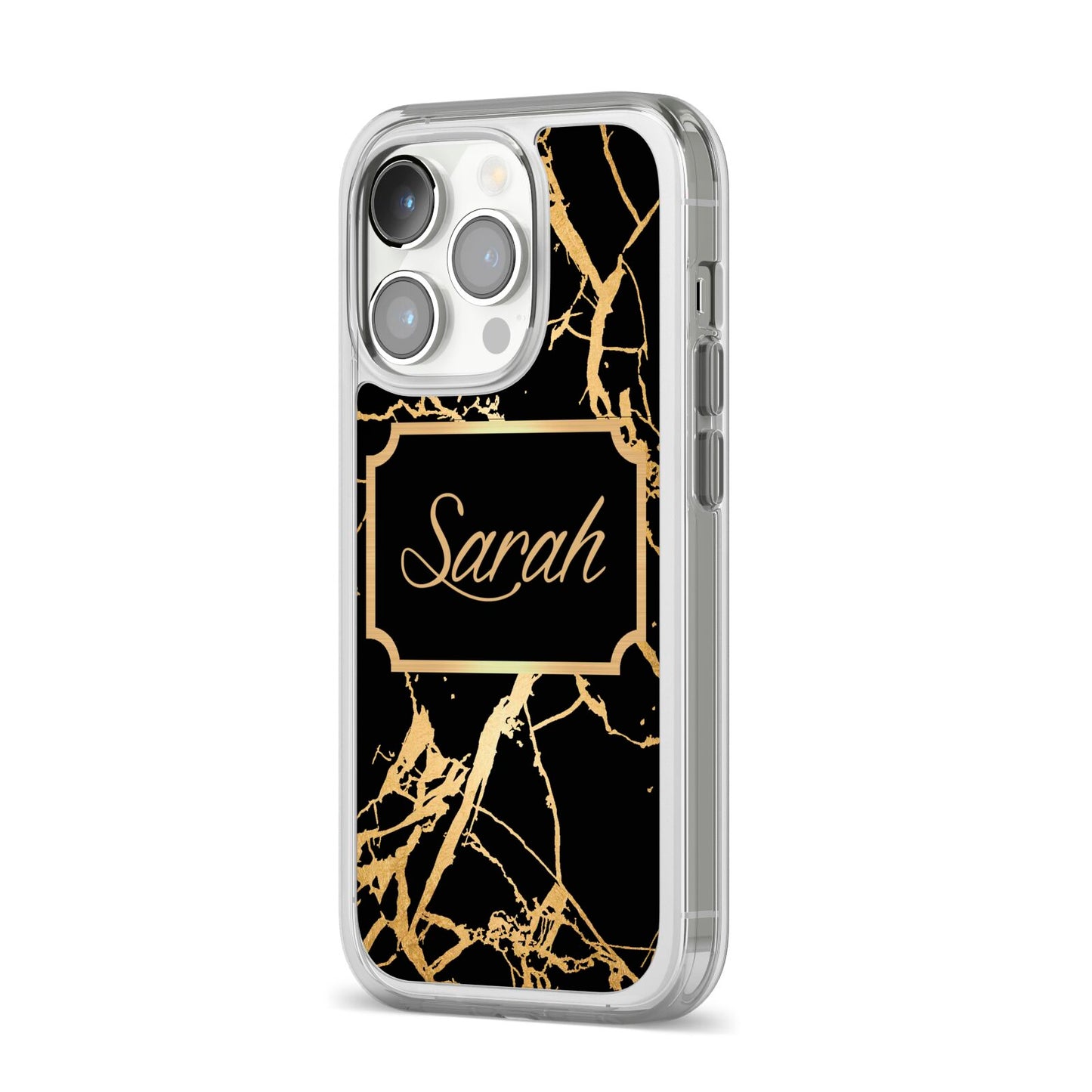 Personalised Gold Black Marble Name iPhone 14 Pro Clear Tough Case Silver Angled Image