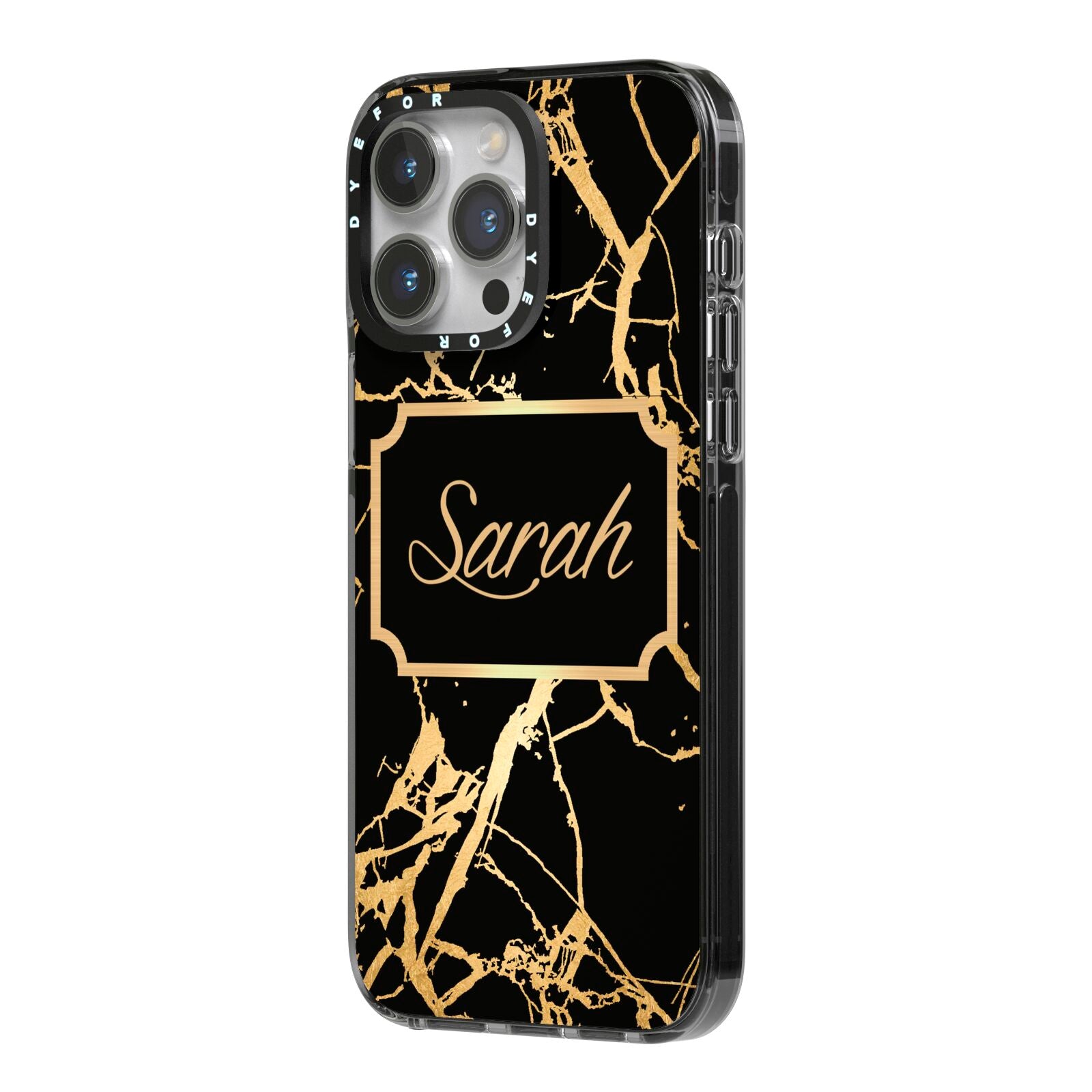 Personalised Gold Black Marble Name iPhone 14 Pro Max Black Impact Case Side Angle on Silver phone