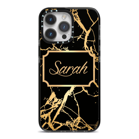 Personalised Gold Black Marble Name iPhone 14 Pro Max Black Impact Case on Silver phone