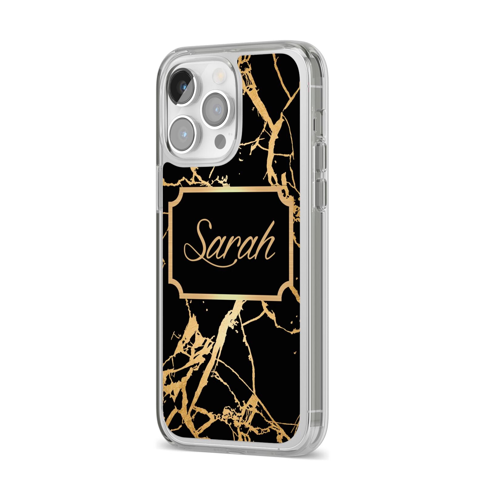 Personalised Gold Black Marble Name iPhone 14 Pro Max Clear Tough Case Silver Angled Image